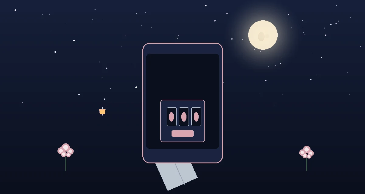 Smartphone showing the LunaLoots moon garden lobby with slot games